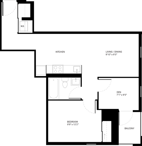 Floor plan for 1 bed, 1 bath, 652 sqft